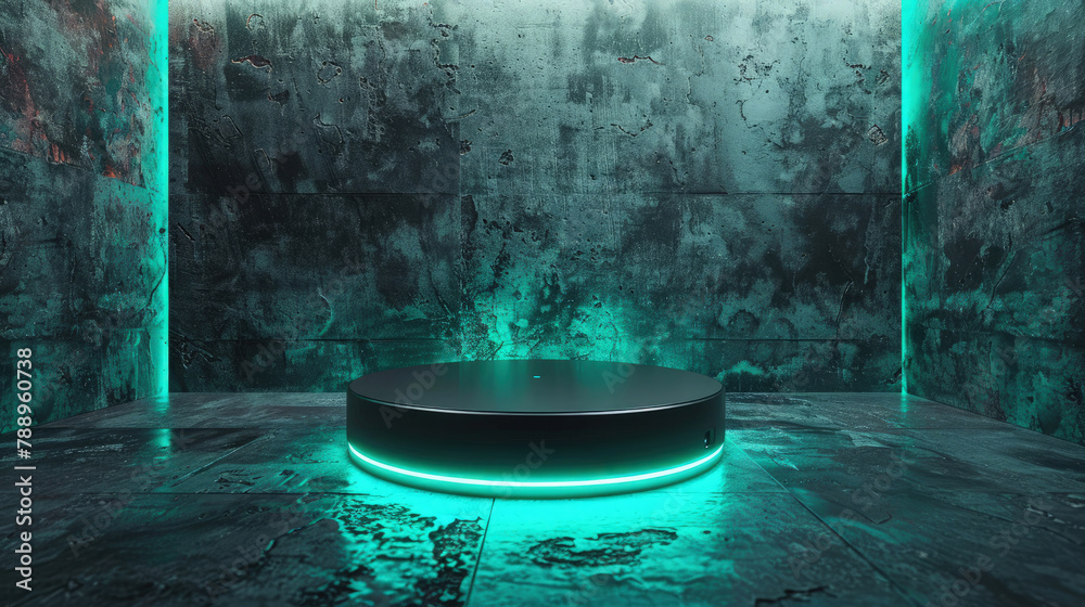 Empty podium with a modern minimalist design, green neon lights glowing around its sides. Empty podium with a modern minimalist design, green neon lights glowing around its sides.