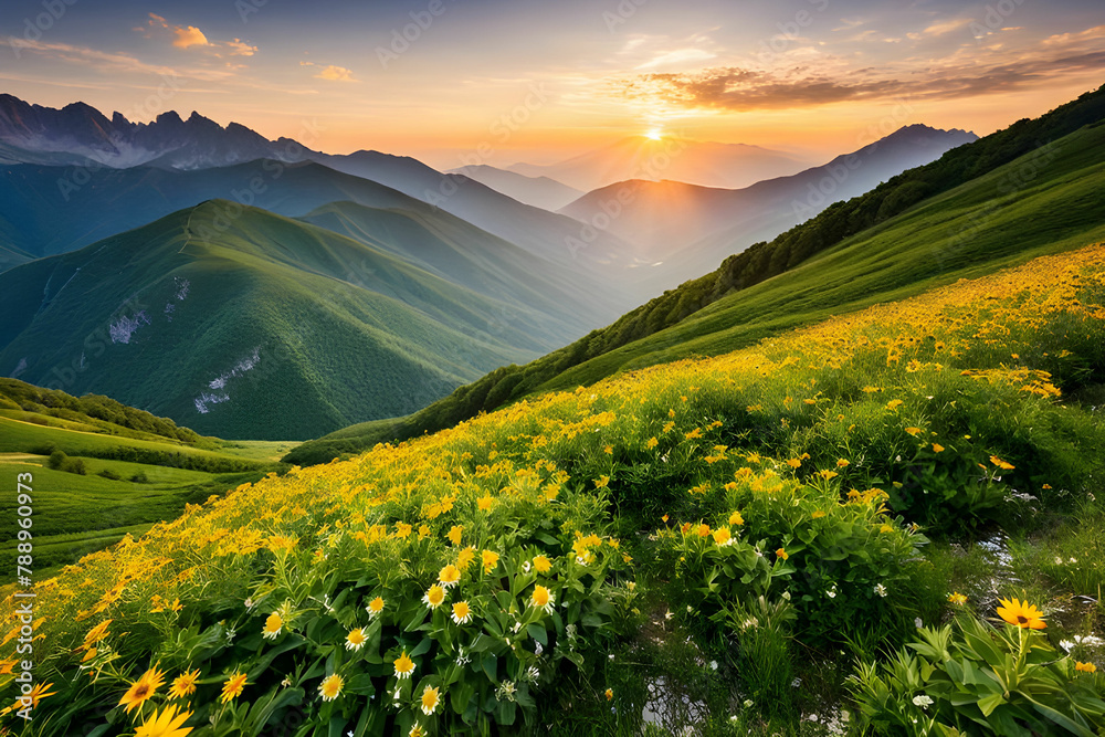 Obraz premium Mountains during sunset. Beautiful natural landscape in the summer time