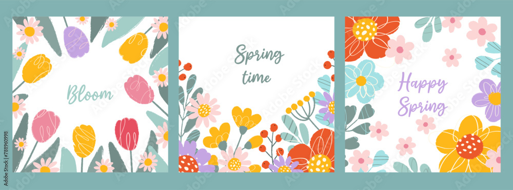 Set 3 floral festive cards on white background with handwritten text in flat vector style. Springtime concept. Hand drawn flowers and leaves. Grunge textures, pencil strokes and rough edges.