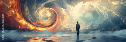A man standing in the mysterious ocean with a fire in the sky for Time capsule found in interdimensional rift concept ,Wander through the endless expanse of the wormhole 