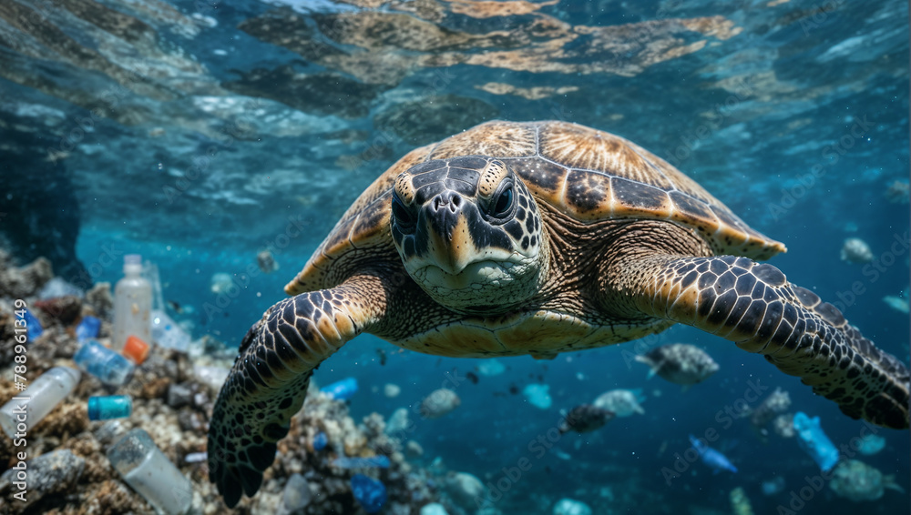 Fototapeta premium Sea Turtle Among Plastic Waste: World Oceans Day Awareness