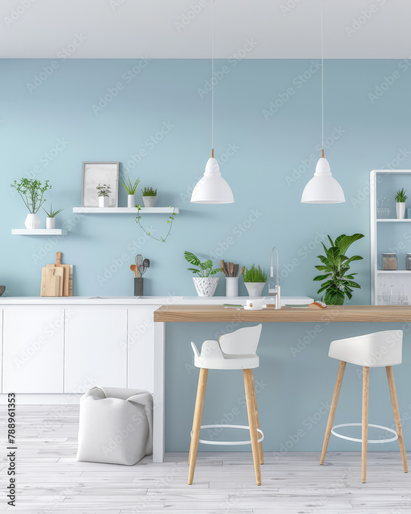 Fototapeta premium Elegant kitchen interiors in pastel blue tones with a modern minimalist style. Interiors composition.