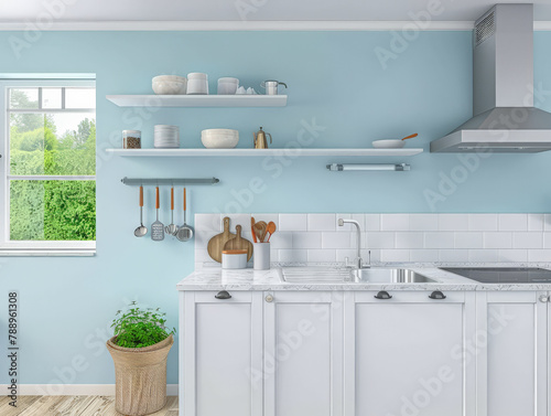 Elegant kitchen interiors in pastel blue tones with a modern minimalist style. Interiors composition.