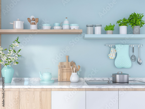 Elegant kitchen interiors in pastel blue tones with a modern minimalist style. Interiors composition.