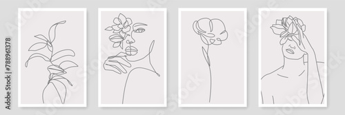 One Line Drawing Wall Art Prints Set with Vector Flowers and Female Portrait. Modern Trendy Single Line Art Poster Set, Aesthetic Contour Minimal Style. Perfect for Home Wall Décor, Bag or T-shirt Des