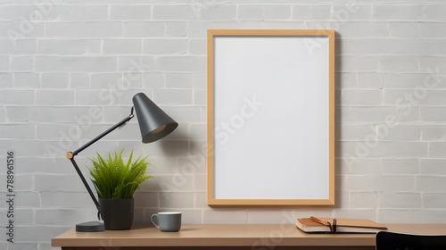 Mockup frame for decorative pictures on the wall  interior design featuring furniture, small plant pot, table lamp in cozy room. © Some