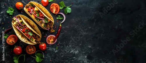 Classic Mexican tacos filled with beef and veggies, set against a dark background, seen from above with room for text.