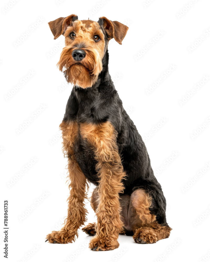 Airedale terrier dog sitting isolated on transparent background