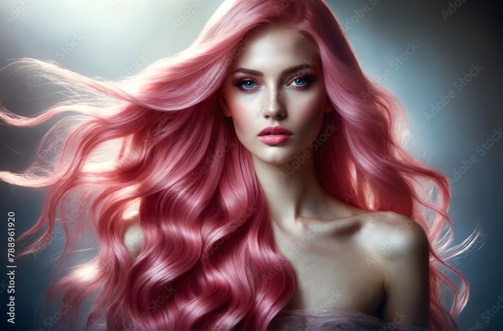 A beautiful woman with long pink hair