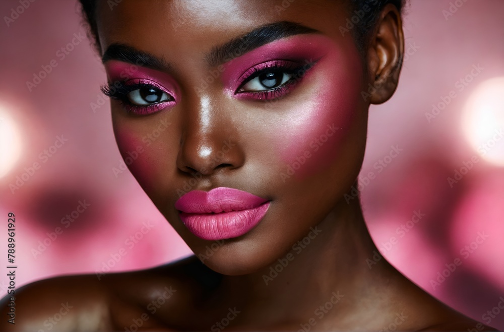 the face of a black woman with pink makeup the face of a black woman with pink makeup
