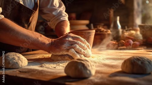 Man kneading dough on table in bakery, closeup view