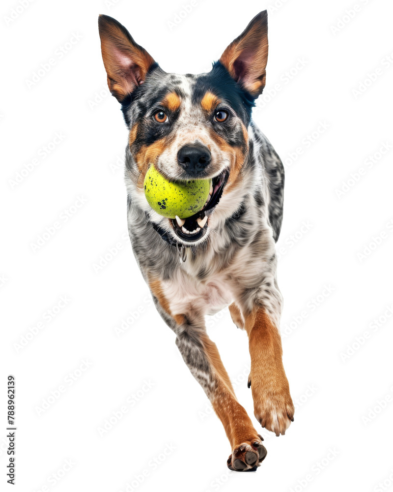 Australian cattle dog playing with ball isolated on transparent background