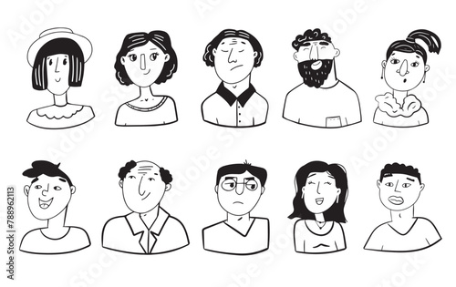 Hand drawn set of people faces in black and white. Portraits of various men and women.
