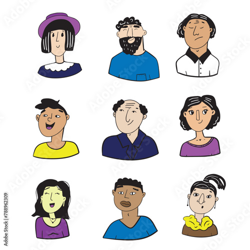 Hand drawn set of people faces. Portraits of various men and women.
