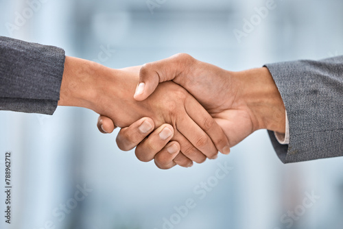 Handshake, business and people in collaboration, unity and support for teamwork, corporate and office. Company, employees and holding hands, partnership and solidarity of staff for deal in job