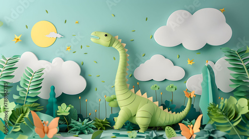 A creative paper art scene featuring a green dinosaur surrounded by a vibrant jungle with clouds and stars