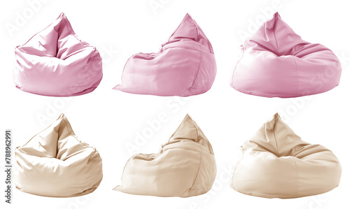 2 Collection set of pastel light pink beige cream plain beanbag bean bag seat chair, front side view on transparent cutout, PNG file. Many angle. Mockup template for design