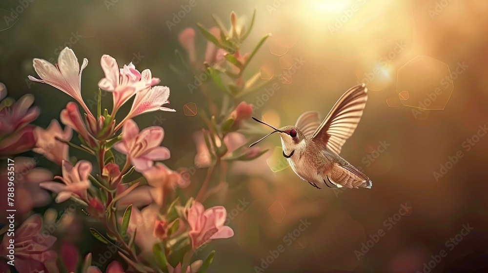 Obraz premium Detailed view of a hummingbird moth hovering near flowers