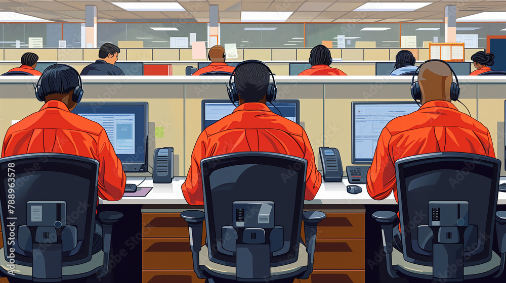 Young business team working together at office. cartoon using laptops and sitting in chairs. Cute cartoon working, playing social media, technology futuristic, poster. Working from home vector. 