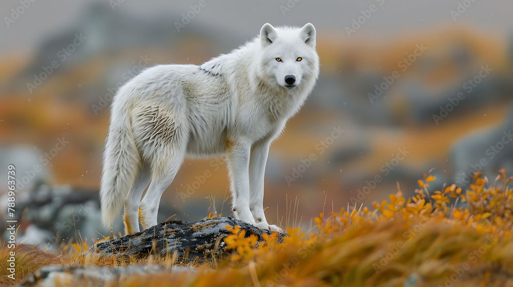 A majestic white wolf perched on a rock, against a snowless landscape, exuding strength and tranquility in its natural habitat A majestic white wolf perched on a rock, against a snowless landscape, exuding strength and tranquility in its natural habitat