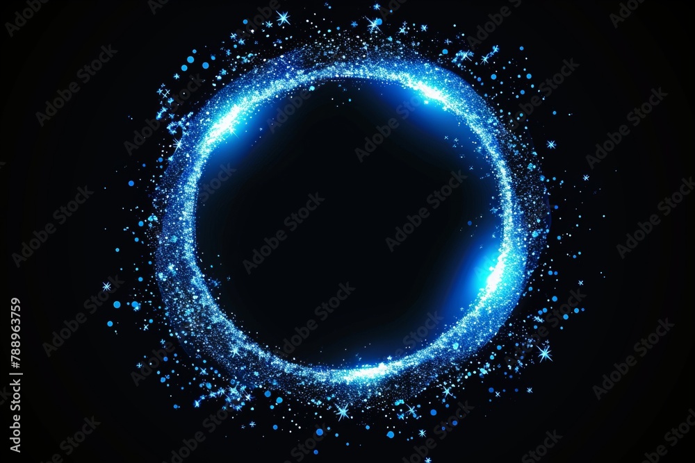 Blue glitter circle of light shine sparkles and blue spark particles in circle frame on black background. Christmas magic stars glow, firework confetti of glittery ring shimmer Blue glitter circle of light shine sparkles and blue spark particles in circle frame on black background. Christmas magic stars glow, firework confetti of glittery ring shimmer