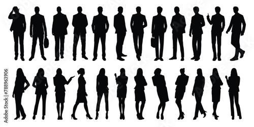 Businessman and businesswoman. Full body silhouette people on a white background. Men and women wearing a suit, front view. Vector illustration. #788963906