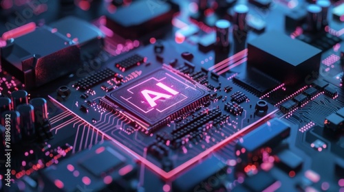On top of a sophisticated chip, there is a hologram consisting of two letters "AI", Unreal Engine rendering, depth of field effect, 3D, 8k, 