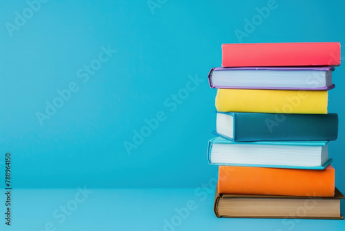 stack of books on blue background with copy space  banner design