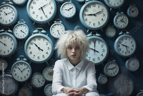 Woman with clocks on the wall. Time management concept. Generative Ai. photo