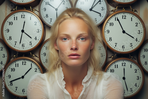 Woman with clocks on the wall. Time management concept. Generative Ai.