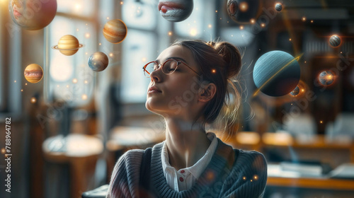 Planets orbit around the young woman in the room, resembling a miniature solar system. It's a fascinating display of cosmic wonder, with the universe seemingly revolving around her head.