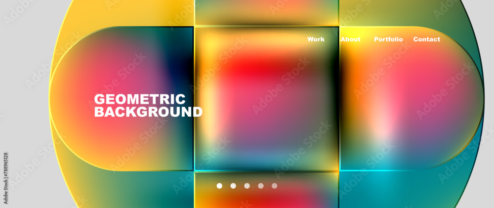 A vibrant geometric background featuring a rainbow of colors including amber, magenta, and electric blue. The pattern includes rectangles, circles, and various tints and shades