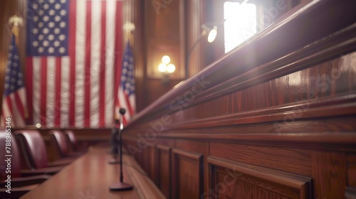 A wooden bench with a microphone and a flag behind it photo