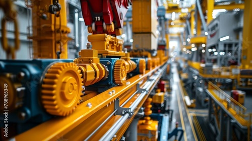 A factory with yellow and blue gears on a conveyor belt