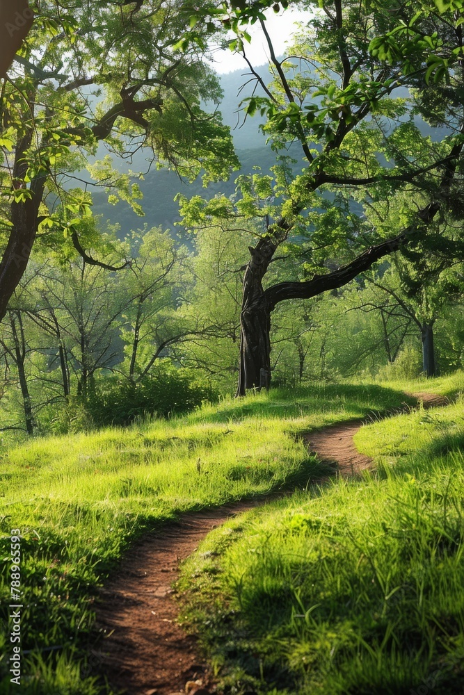 Fototapeta premium Winding dirt path through a bright green meadow in the morning