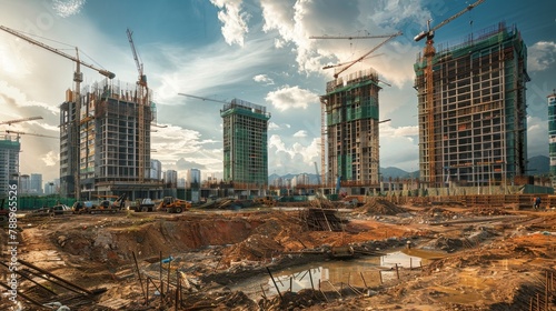 A construction site with cranes and scaffolding photo