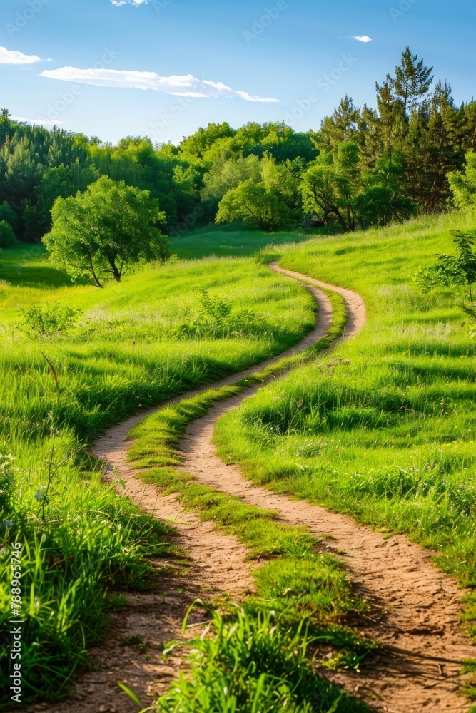 Winding dirt path through a bright green meadow in the morning