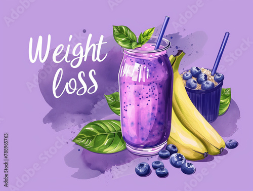 A purple background with a glass of purple drink and a bunch of bananas, clean food, weight loss