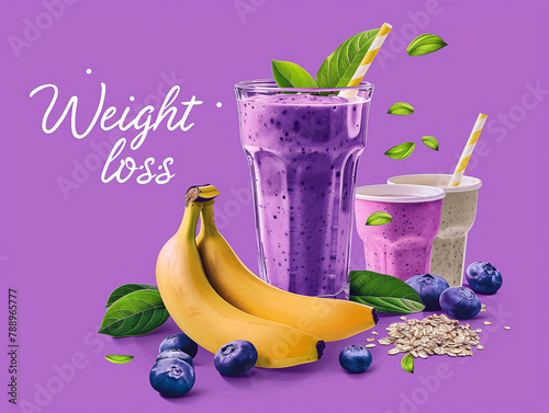 A purple background with a glass of smoothie and a banana, clean food, weight loss