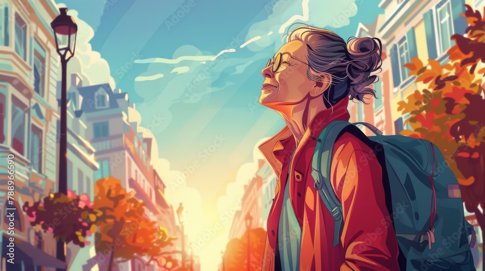 A woman with a backpack is walking down a street with a sunset in the background