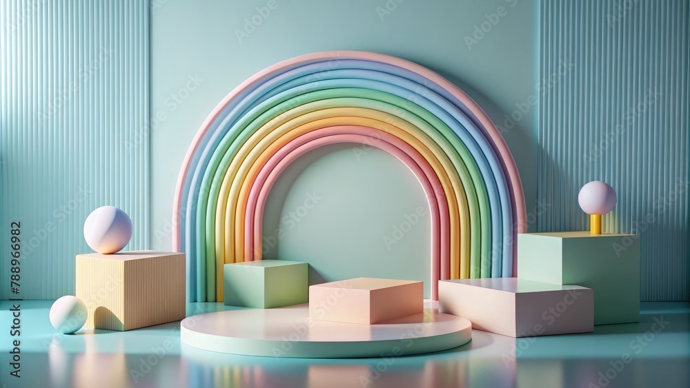 Minimal product display podium with rainbow and geometric shapes Minimal product display podium with rainbow and geometric shapes
