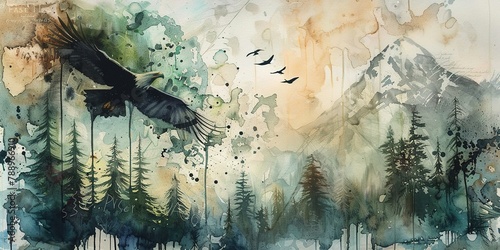 Watercolor collage with splashes and drops from natural mountains with beautiful birds and trees
