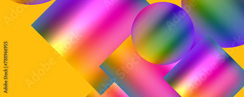 An array of colorful objects including purple, pink, and violet hues float in the air against a vibrant yellow background. The electric blue adds a pop of color to the mesmerizing pattern