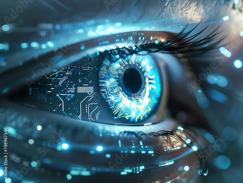A computer generated cybernetic eye with a blue iris and a black pupil photo