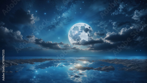 A full moon rising over a body of water with a starry sky and clouds