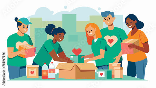At a nonprofit organization volunteers packed boxes of supplies and sorted donations for disaster relief efforts. They worked efficiently to photo