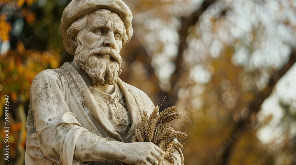 Fototapeta premium An elderly marble statue depicting a man holding bundles of wheat can be found in the park
