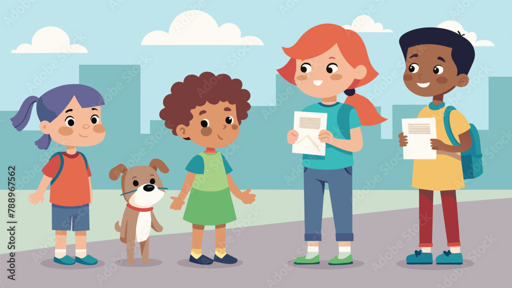 A group of children handing out flyers with a missing pets photo on a busy street corner determined to help find their neighbors lost dog. A group of children handing out flyers with a missing pets photo on a busy street corner determined to help find their neighbors lost dog.