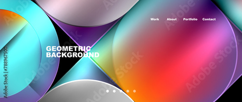 A vibrant geometric background featuring colorful circles in electric blue and magenta on a black backdrop. The liquid pattern adds artistry to the graphics
