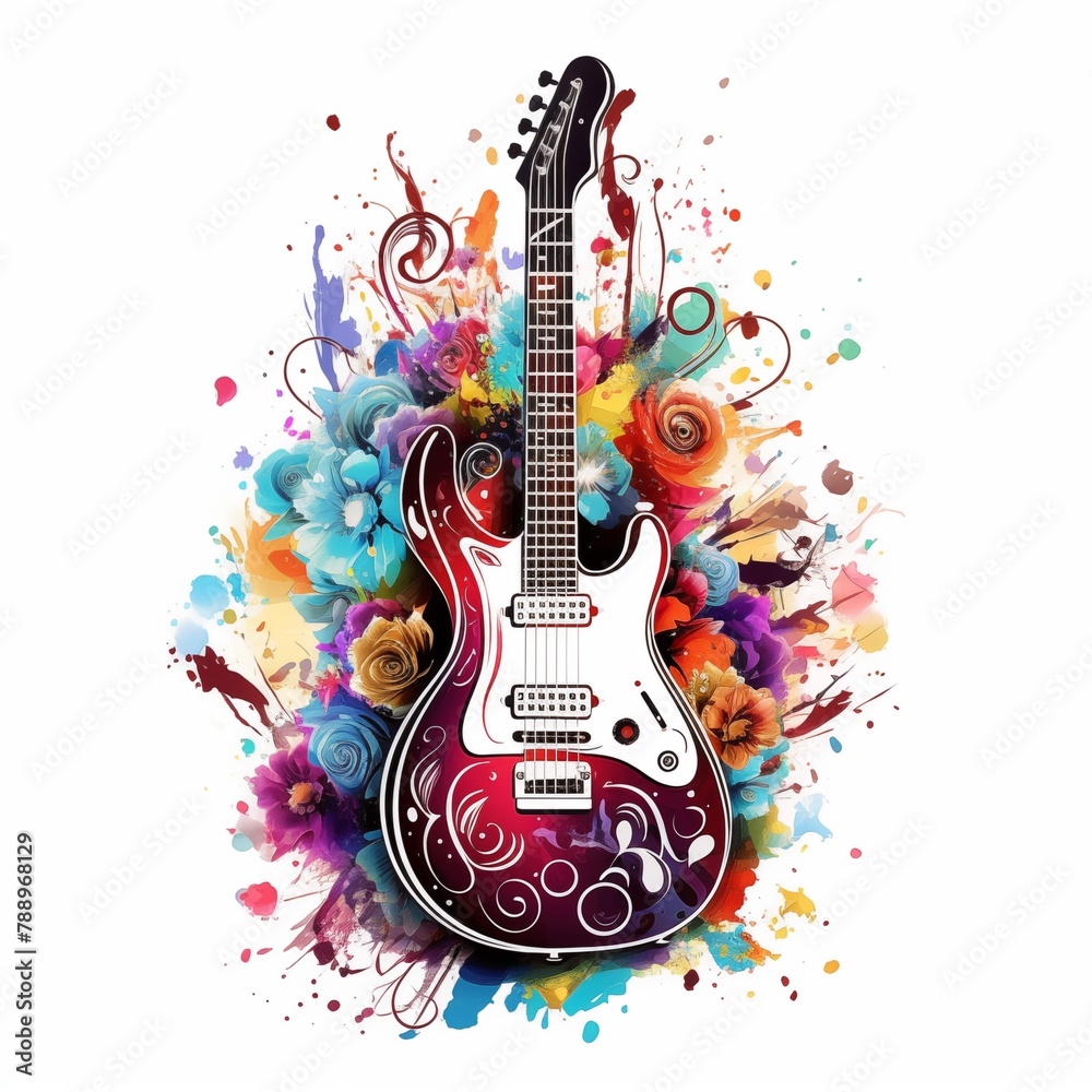 Abstract and colorful illustration of a guitar on a white background with flowers